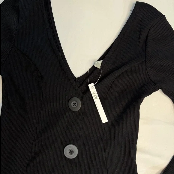 NWT ASOS Black Ribbed Knit Fit & Flare Button Front V-Neck Long Sleeve Dress - Picture 2 of 6